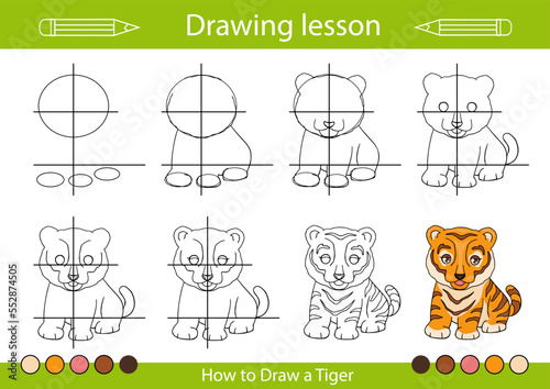 Drawing tutorial. Art lesson. Teach how to draw a tiger. Kids activity page. Children education step by step worksheet. Vector illustration.