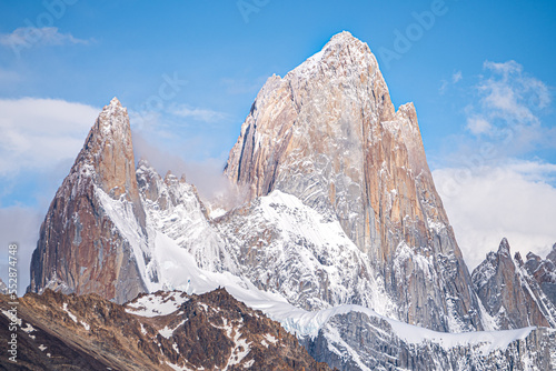 panoramic view of fitz roy peak covered by snow, argentina