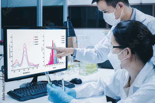 Scientist man explains the analyzed result of UV, nanoparticle size of the sample as shown on monitor. Biotechnology research from herbal plants for pharmaceutical and cosmetic product development. photo