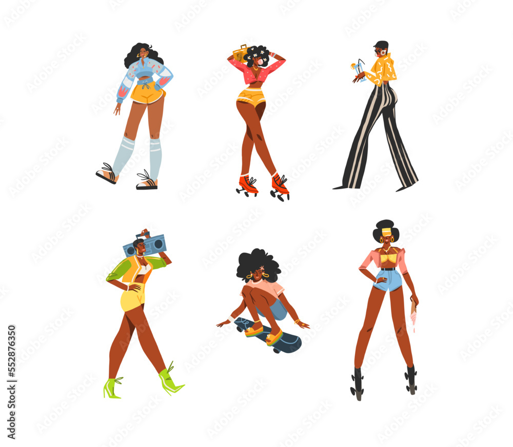 Hand drawn vector abstract modern graphic illustrations characters collection set of young happy vintage women roller skaters,on disco party and on skateboard,90s elements. African american concept. Hand drawn vector abstract modern graphic illustrations characters collection set of young happy vintage women roller skaters,on disco party and on skateboard,90s elements. African american concept.