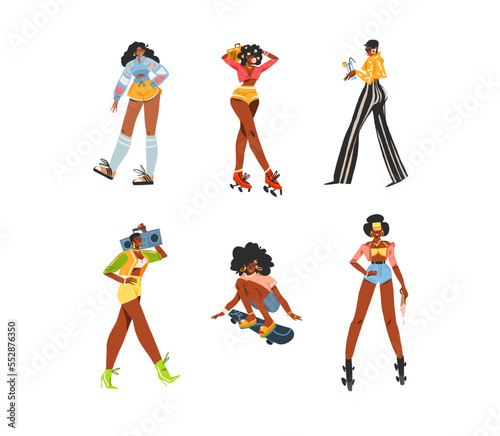 Hand drawn vector abstract modern graphic illustrations characters collection set of young happy vintage women roller skaters,on disco party and on skateboard,90s elements. African american concept.