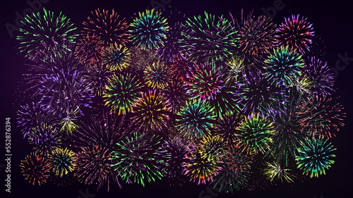 Colorful fireworks on the black sky background.