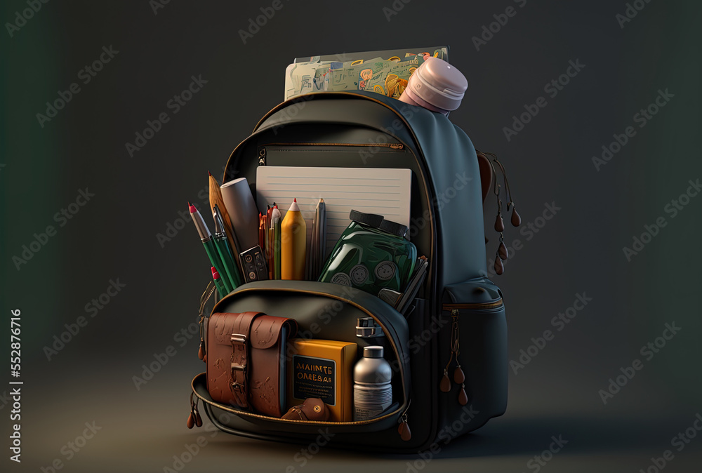 Fototapeta premium Backpack with necessities for school open. Generative AI