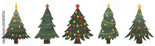 Collection of decorated Christmas trees, New Year and Christmas. Vector illustracion