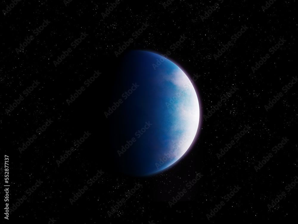 Earth-like exoplanet in blue. Super-Earth planet in outer space. Realistic planet with atmosphere.