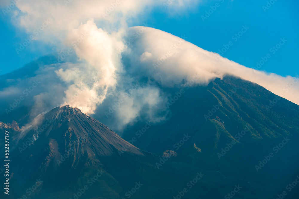 The Santiaguito and Santa Maria volcanoes covered in cloud