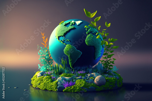 Earth Day concept illustration , Earth globe with beautiful nature , blooming plant and  clean water,  © QuietWord