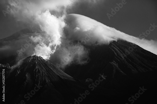 Black and white view of the Santiaguito and Santa Maria volcanoes photo