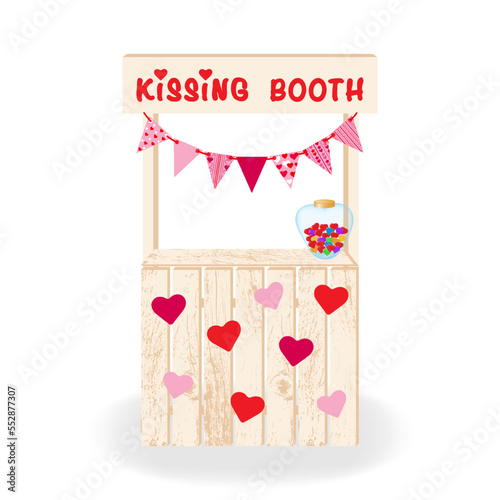Kissing booth. Festive decoration made of wood with hearts and flags Kissing booth. For celebrating Valentine's Day, wedding or birthday. Vector illustration.