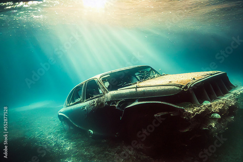 An abandoned, submerged vintage car illuminated by sunbeams from the ocean surface, capturing a unique combination of beauty and tragedy.