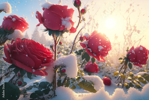 illustration of blossom red rose flower covered with snow, snow fall, photo