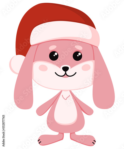 Cute pink rabbit in a Santa Claus hat. Vector illustration