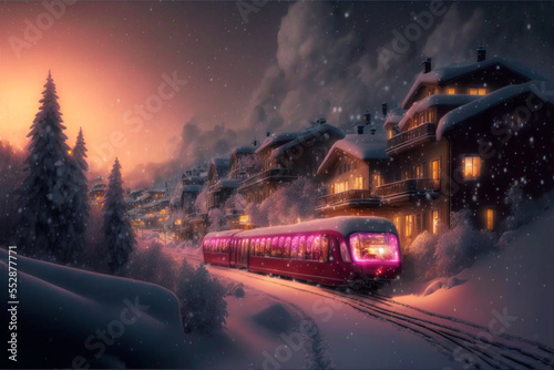 illustration of beautiful pink train passing by snow town 