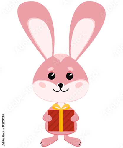 A cute pink bunny holds a gift in its paws. Vector illustration