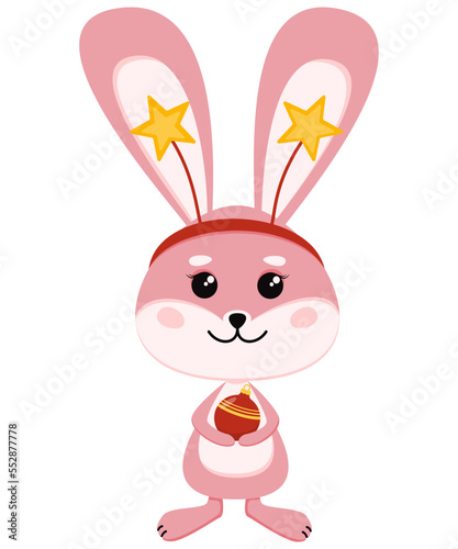 A cute pink bunny is holding a Christmas ball. Vector illustration