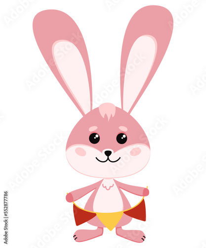 A cute pink rabbit is holding a garland of paper flags. Vector illustration