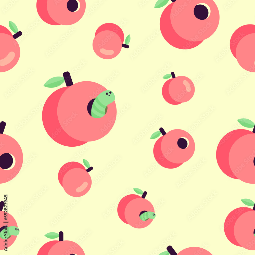 Padrão contínuo de maçãs e bichinho dentro da maçã. Ilustração vetorial flat. Padrão contínuo de maçãs e bichinho dentro da maçã. Ilustração vetorial flat.