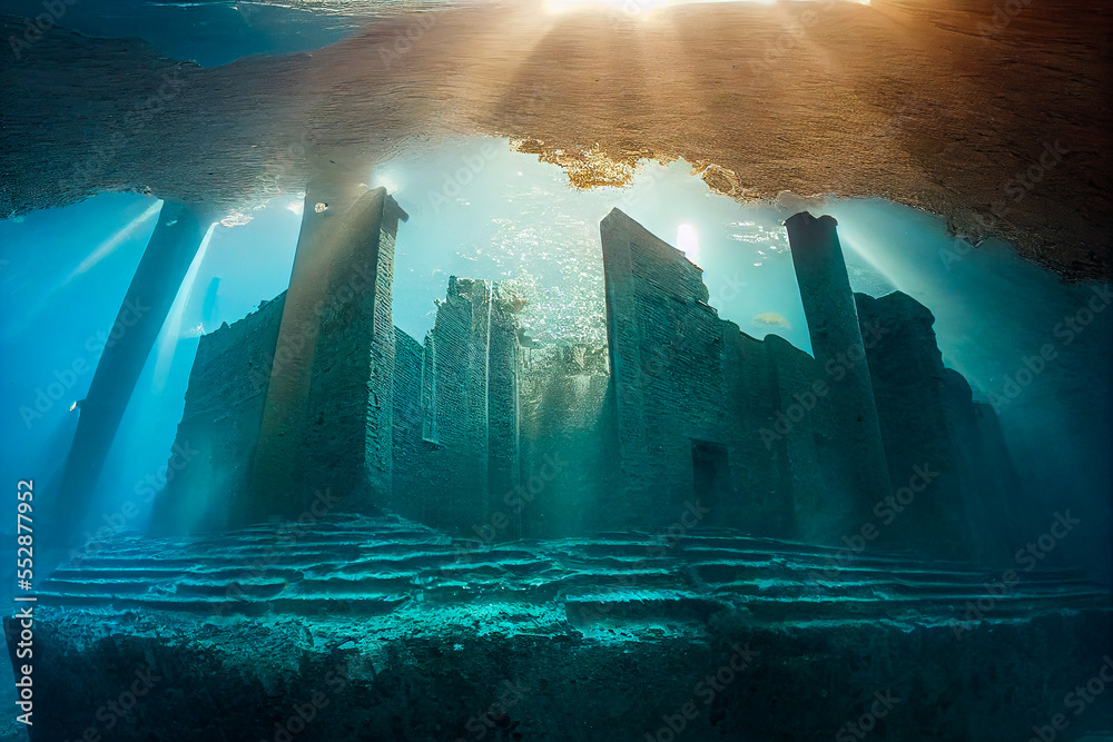Remains of an underwater archaeological ruin, illuminated by the sun: ancient columns and walls of antiquity. Ideal for capturing the history of past civilizations.