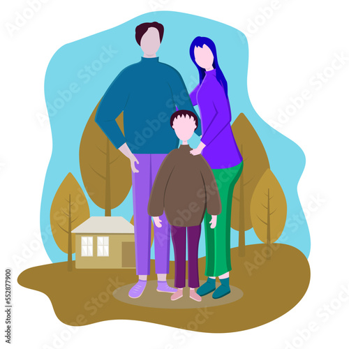 A family with a child stands in front of a house with trees