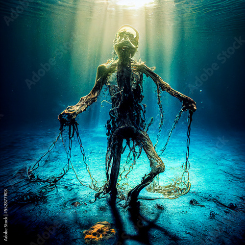 An eerie underwater scene featuring a dead diver in advanced stages of decomposition. Deeply unsettling  this image is perfect for horror movie scenes.