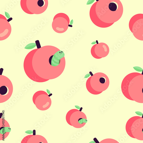 Padrão contínuo de maçãs e bichinho dentro da maçã. Ilustração vetorial flat.