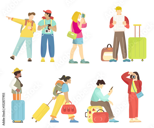 illustration of traveling people with accessories, cameras and suitcases