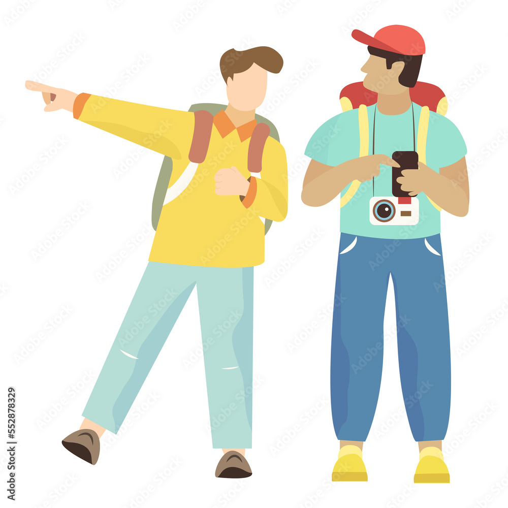 illustration of traveling people with accessories, cameras and suitcases illustration of traveling people with accessories, cameras and suitcases