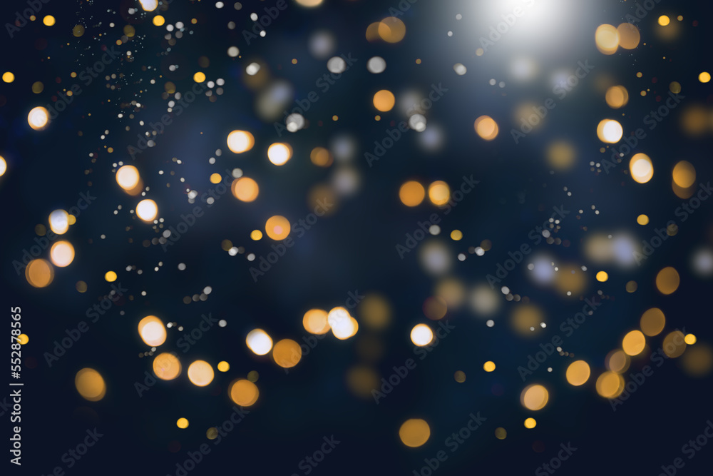 Abstract gold and silver christmas bokeh on dark blue background. - obrazy, fototapety, plakaty 