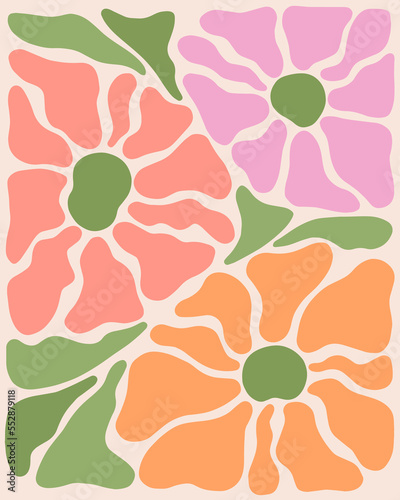 Abstract flower posters. Trendy botanical wall arts with floral design in danish pastel colors. Matisse-inspired floral paintings. Decorative contemporary botanical elements. Vector naive art print