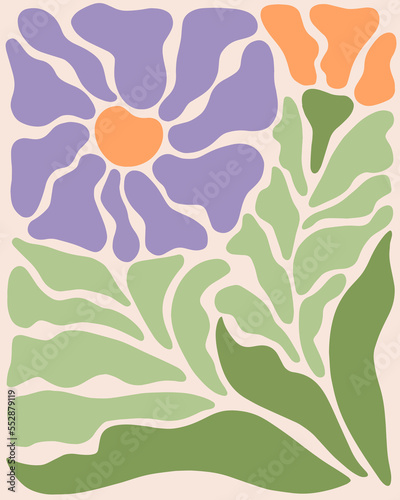 Abstract flower posters. Trendy botanical wall arts with floral design in danish pastel colors. Matisse-inspired floral paintings. Decorative contemporary botanical elements. Vector naive art print