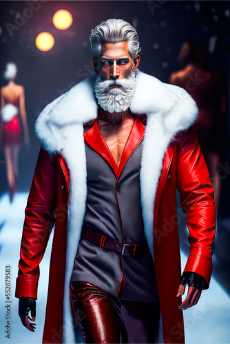 Santa Claus struts the catwalk in high fashion runway show. vogue prada christmas holiday fashion male model santa claus photo