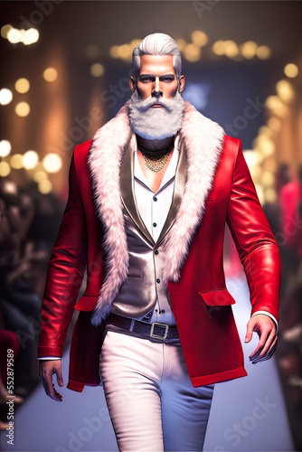 Santa Claus struts the catwalk in high fashion runway show. vogue prada christmas holiday fashion male model santa claus photo