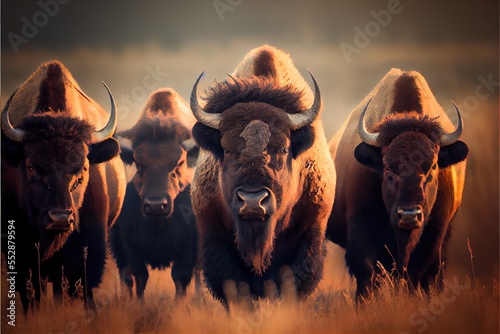  a herd of bison standing on top of a dry grass field next to each other on a cloudy day. Generative AI