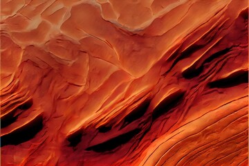 Crédence de cuisine Rouge  a red and orange landscape with a mountain range in the background and a blue sky above it with a few clouds. Generative AI  © Oleg
