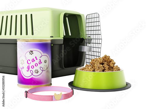Cat collar, carrier and food on transparent background.