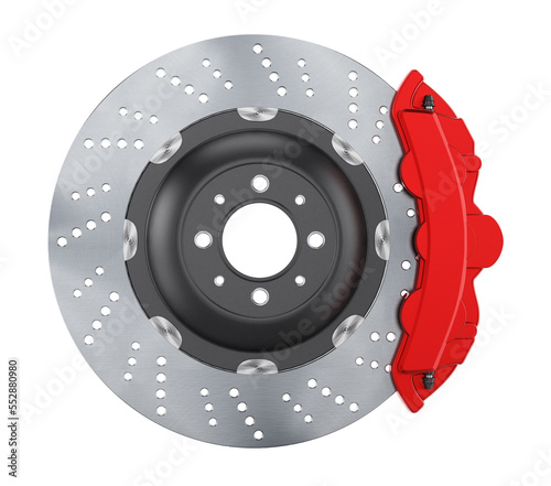 Car brake disc and red caliper on transparent background. photo
