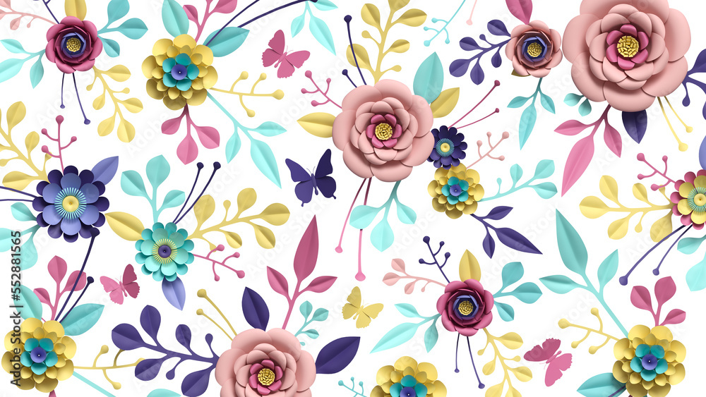 Paper craft flower bouquet wallpaper with butterfly. 3d illustration botanical clip art