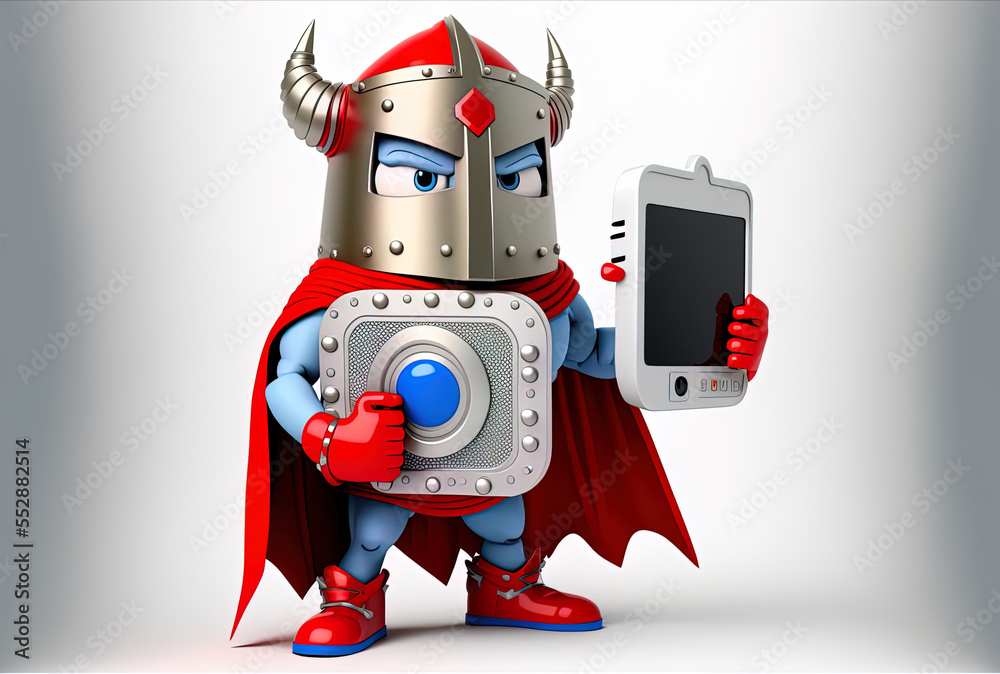 Character mascot with a contemporary digital camera and a red metal shield against a white backdrop. Generative AI Character mascot with a contemporary digital camera and a red metal shield against a white backdrop. Generative AI
