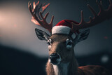 portrait of deer with santa hat, illustration generated by AI
