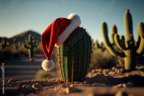 cactus with santa hat in the desert, illustration generated by AI photo