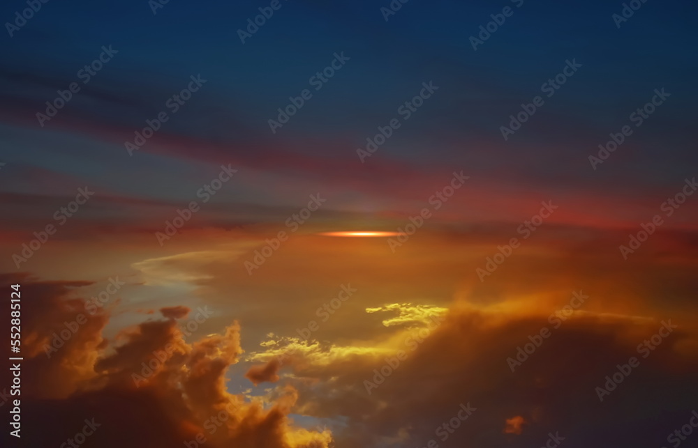   orange sunse on night blue sky dramatic clouds and sun flares , nature seascape 