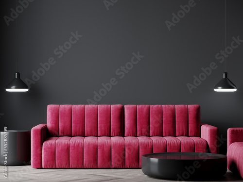 Livingroom in black and magenta 2023 color. Blank empty dark room interior. Design in minimalist luxury style lounge reception. Crimson sofa and accent painted wall. Modern interior design. 3d render  © Viktoriia