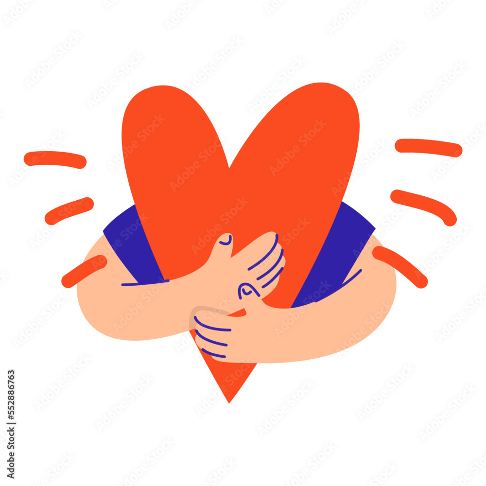 Obraz premium Man hold, hug red heart. Present for Valentines day, 8 march, birhday.Vector isolated on white background