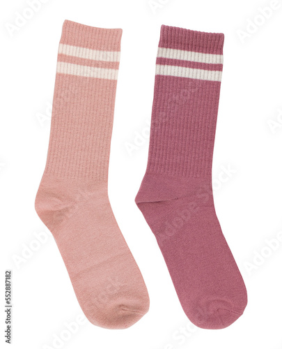 set of long pink socks isolated on white background, top view