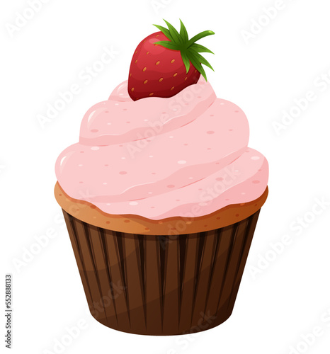 Sweet cupcake with strawberries and pink cream.
