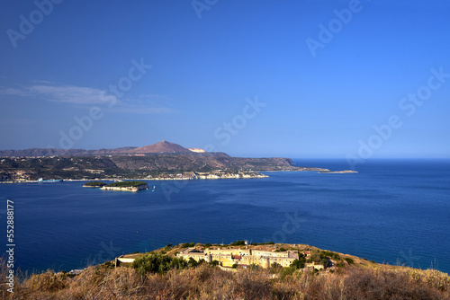 View of Souda Bay and the stone walls of the historic castle on the Greek island of Crete