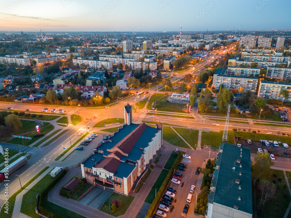Obraz premium View at Pabianice city from a drone at sunset