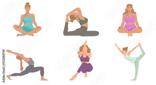 Yoga collection of poses, set of poses yoga, lotus and woman activities, lunges and workout exercises.Illustration in flat style.