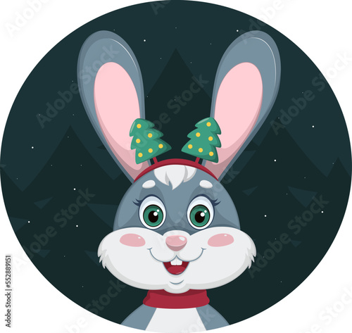 Cute winter Christmas bunny. Merry Christmas and Happy New Year. Vector illustration.