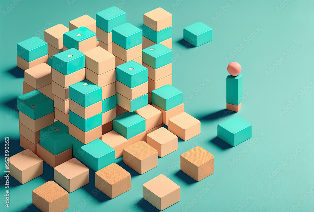 Fototapeta premium Flat lay of business expansion concept on turquoise table. stacking wooden blocks by hand. Generative AI